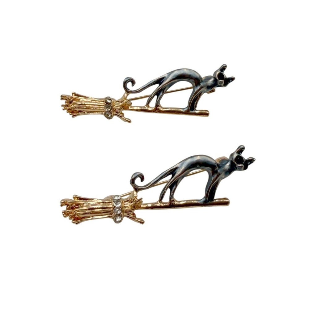Black Cat Broom Brooch Pin Lot 2 Gold Tone Rhinestone Halloween Witchy NEW